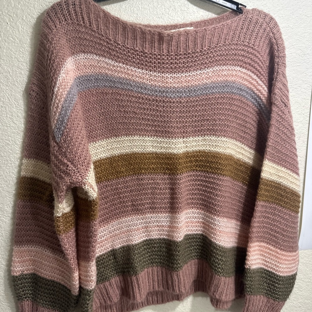 Add fashion Cozy Striped Knit Sweater in Pink and Olive